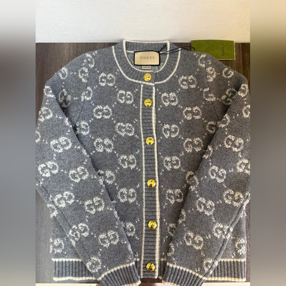 Gucci Gray GG Knit Cardigan with Gold Buttons